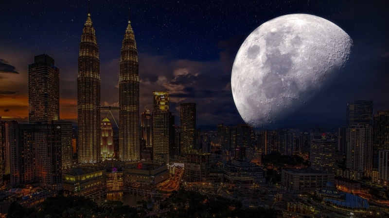 landmark, photo montage, twilight, moonrise, dusk, illuminated, petronas twin towers, mysterious, science fiction, sky, Building, full moon, travel destinations