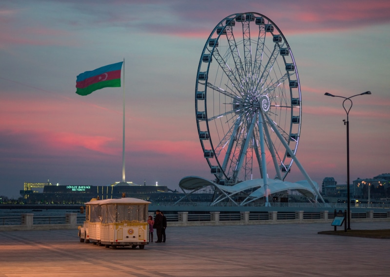 sky, architecture, ferris wheel, cloud - sky, 5K, travel, city, travel destinations, arts culture and entertainment, incidental people, azerbaijan, flag of azerbaijan
