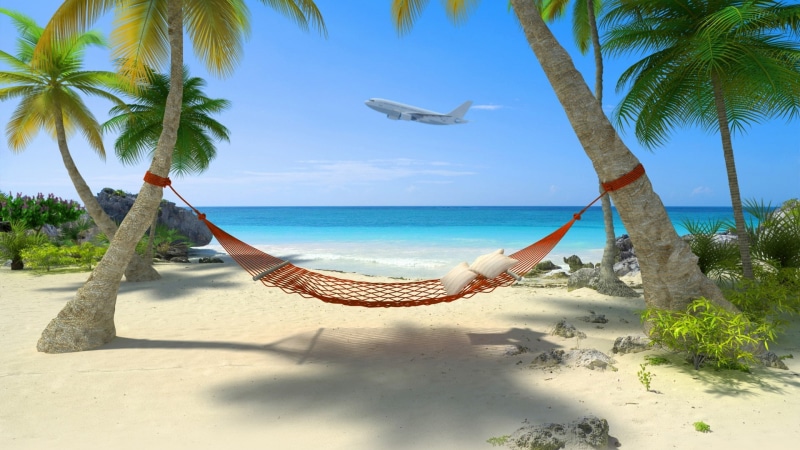 seaside, coconut, aircraft, 1080P, coconut trees, blue, beach, scenery, seaside scenery, hammocks, blue sea, sea, trees, sky