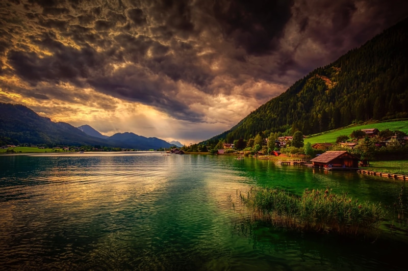 landscape, water, mountain, tranquility, nature, reflection, 1080P, sunset, mountain range, lake, mountains, tree, non-urban scene, cloud - sky, seaside