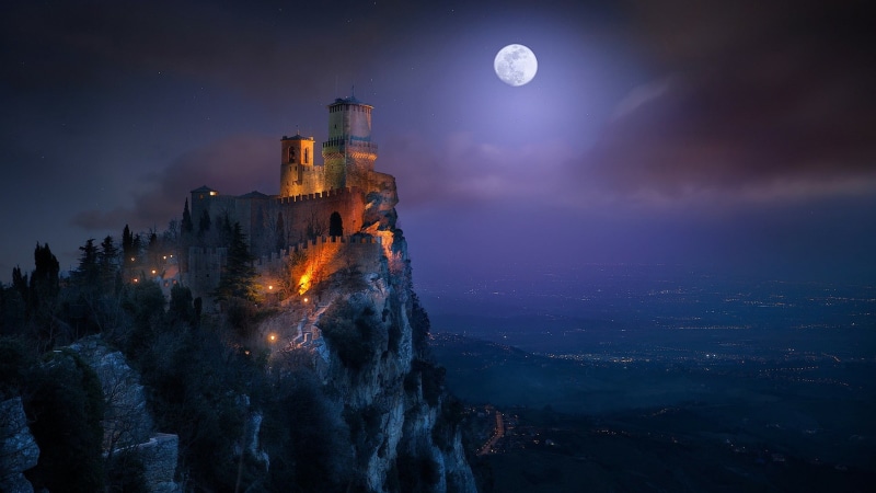 eu, moon, cliff, moonlight, night, moonlit, monte titano, midnight, night sky, castle, evening, astronomical object, europe, rock, darkness, san marino