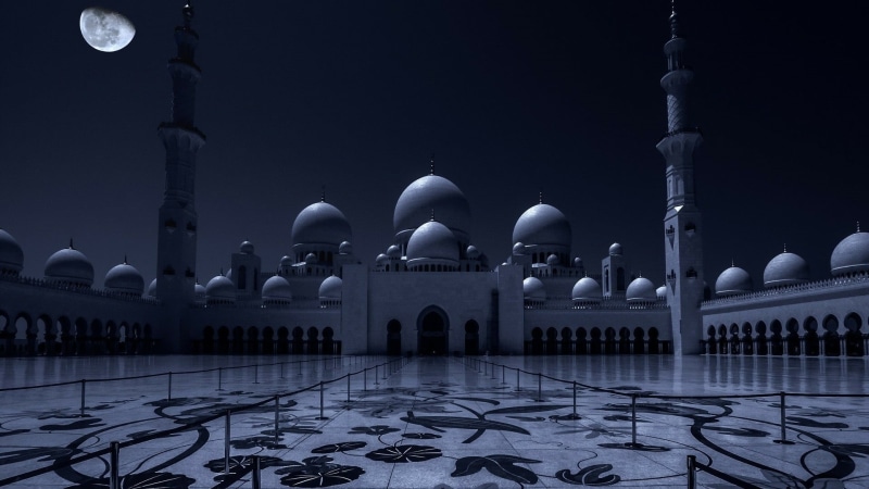 tourism, building exterior, united arab emirates, tiled floor, colonnade, religion, 1080P, darkness, tourist attraction, arch, clear sky, abu dhabi, black and white
