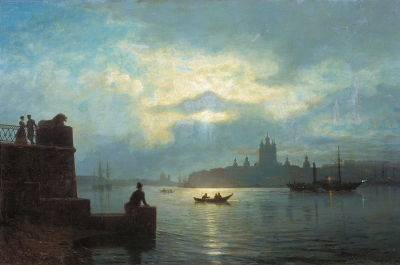 river, nature, statue, travel destinations, nautical vessel, mode of transportation, outdoors, painting, Moonlit night on the Neva, building, two, architecture