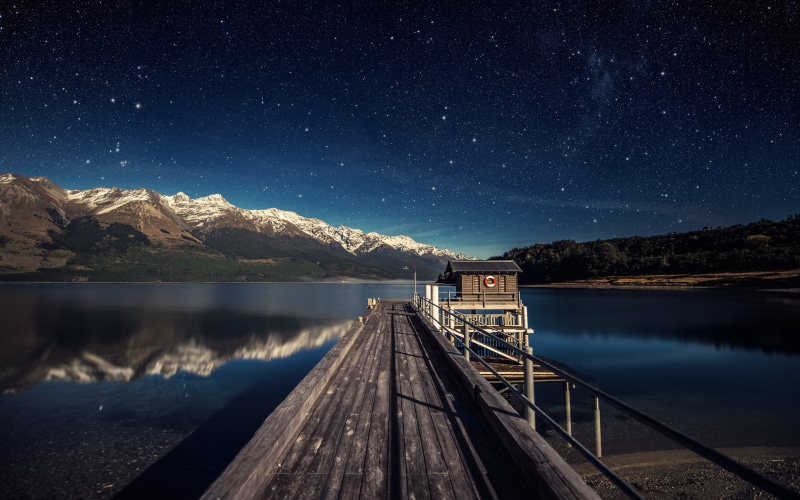 moonlit, lakes, 4K, astronomy, lakewakatipu, mountains, night, stars, long‑exposure, newzealand, water, perspective, piers, photography, sky, nature, digitalcomposition
