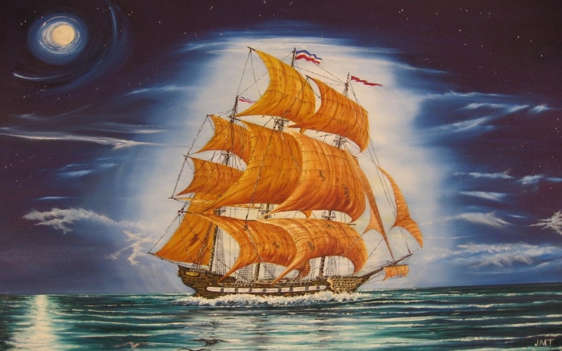 moonlit, john tansey, flying, ship, 1080P, vessel, painting, dutchman, cool, boats, sailing
