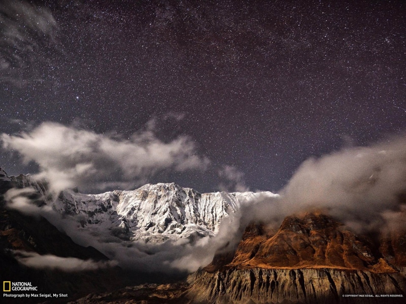 star - space, power in nature, cold temperature, cloud - sky, snow, beauty in nature, non-urban scene, geographic, night, snowcapped mountain, 1080P, tranquility
