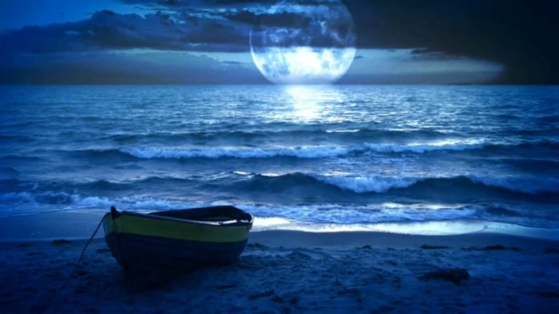 land, shore, horizon, wind wave, wave, full moon, sea, tranquility, nautical vessel, moonlit, mode of transportation, transportation, beach, calm, ocean