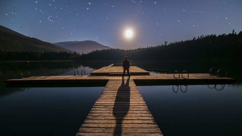 standing, calm, stars, shadow, lake, moonlight, starry sky, moon, sky, water, night, pier, reflection, moonlit, full moon, moonshadow, man, nature, darkness