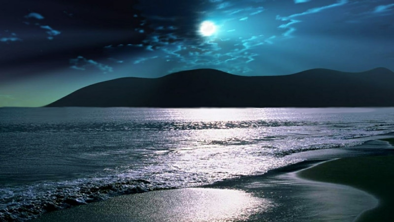 calm, night, sky, sea, moonlit, idyllic, moonlight, 1080P, water, beach, full moon, tranquil scene, reflection, cloud - sky, england, nature, light, mountain