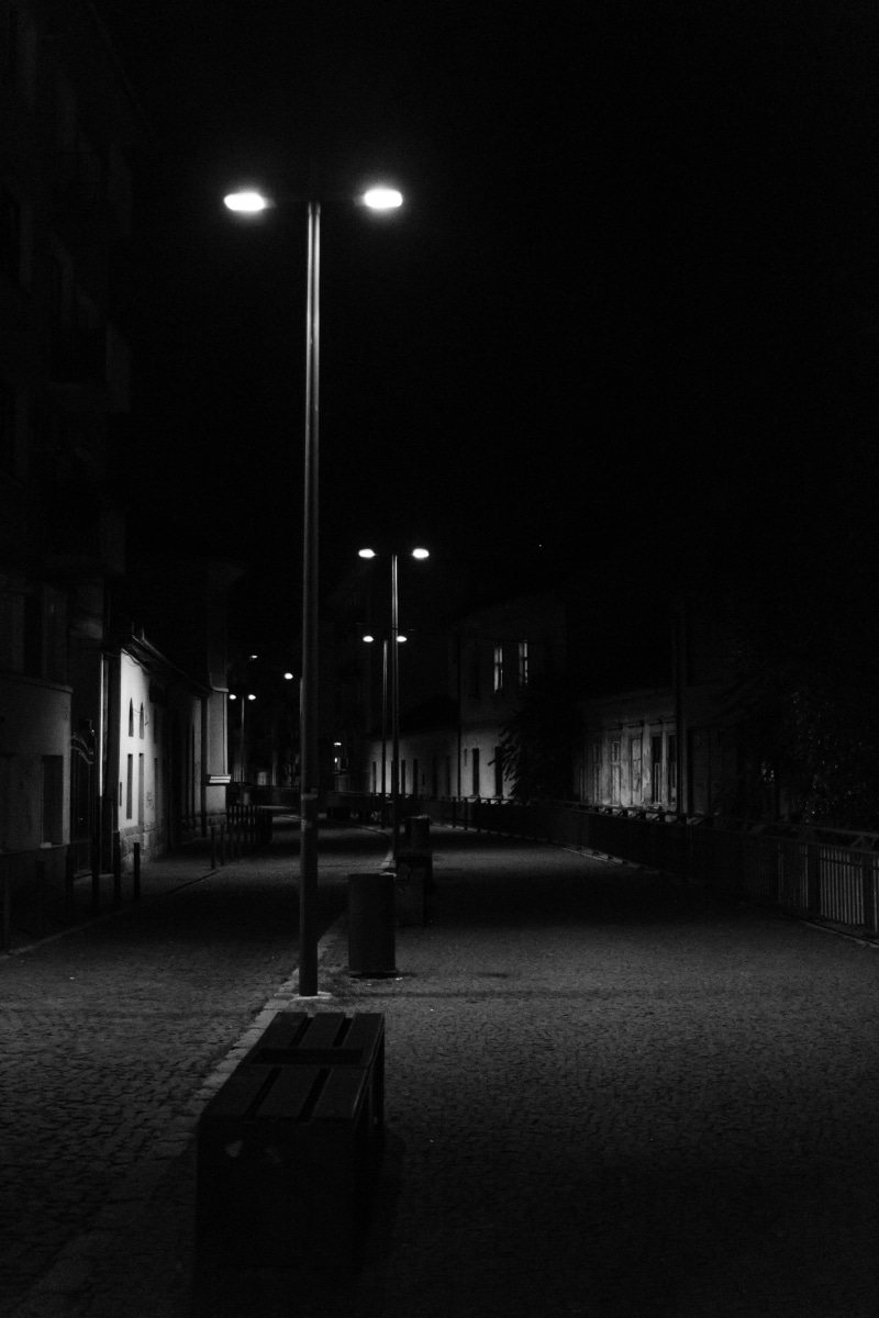 outside, fear, photography, electric lamp, 5K, street light, black and white, no people, modern, homes, built structure, street, absence, light, along