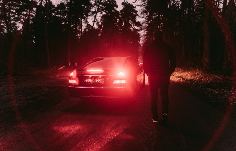 retro, evening, driving, people, transportation, tree, outdoors, forest, summer, wheel, standing, neon, road, women, journey, light, person, one Person
