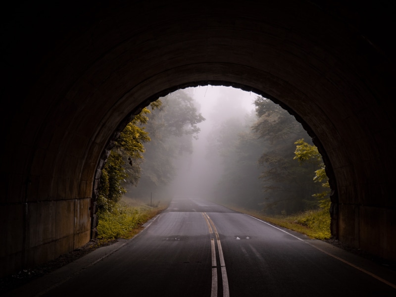 tunnel, journey, arch, fog, woodland, eerie, mystery, forest, street, sky, drive, blue, driving, highway, traffic, curve, scenics, landscape, horror, country Road