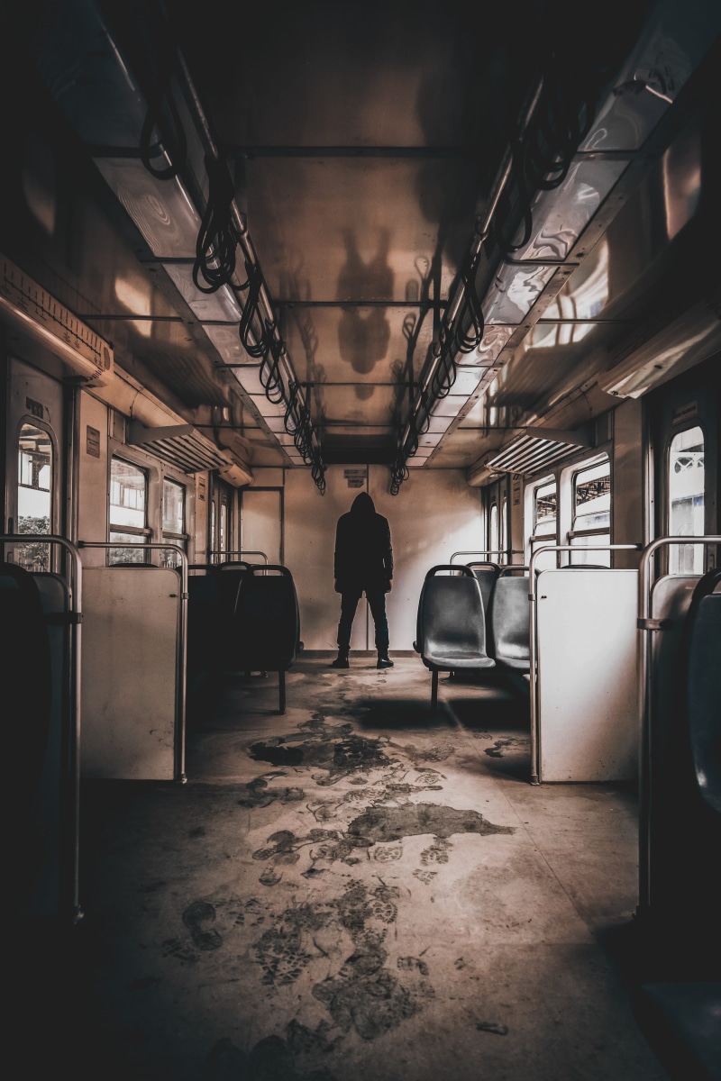 leisure activity, dirty, men, city, rail transportation, standing, frightening, abandoned, 5K, indoors, mode of transportation, train, urban, full length