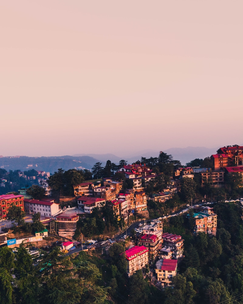 house, outdoors, high angle view, moody, 4K, architecture, sunset, cityscape, building exterior, tree, romantic sky, beauty in nature, town, building