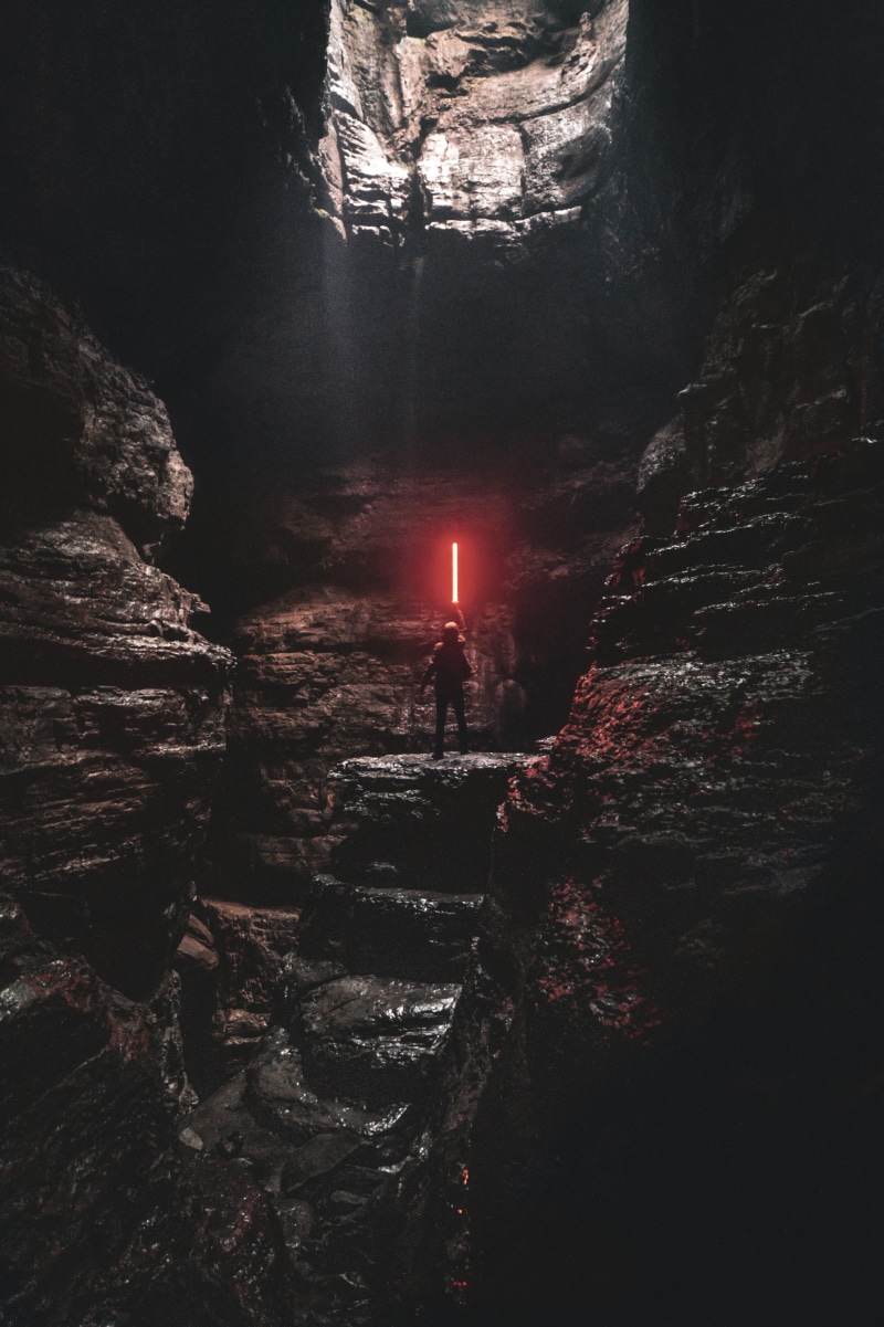 mystery, explorer, wander, cliff, holding, moody edit, beauty In Nature, outdoors, rocky, star war, moody photo, explore, red, sunset, landscape, cave