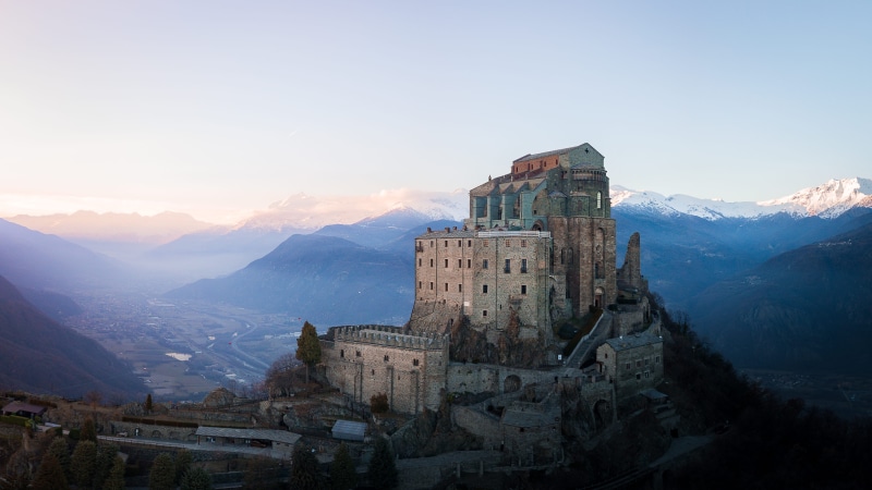 history, castle, building, 4K, san, moody, brown, mountain, sacra, drone, building exterior, hill, environment, di, travel destinations, nature, beauty in nature