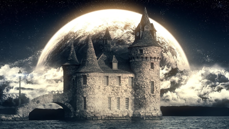 astronomy, sky, religion, nature, built structure, water, outdoors, digital composite, travel, castle, digital, the past, 1080P, travel destinations