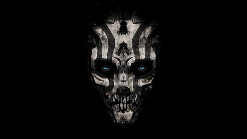 human body part, headshot, black, looking at camera, grey, copy space, digital composite, video games, evil, front view, mask, black background, body part