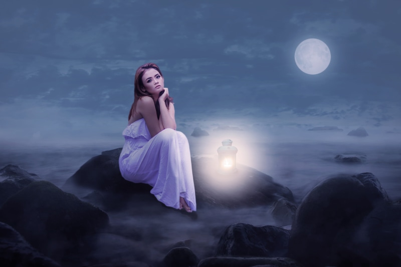 romantic mood, outdoors, woman, purple, time, dark, sky, fantasy, photo montage, young women, dress, light, night mood, moonlight, digital composite, cloud - sky