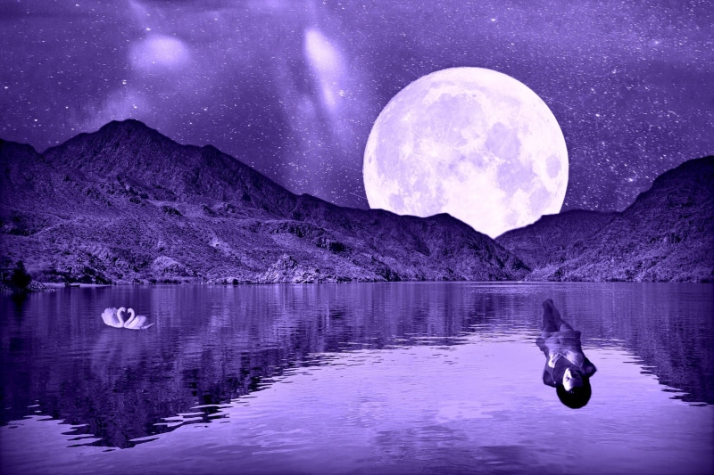 photo montage, reflection, composing, nature, filter, sky, light, astronomy, photograph, beauty in nature, lake, night sky, waterfront, full, woman, moonlight