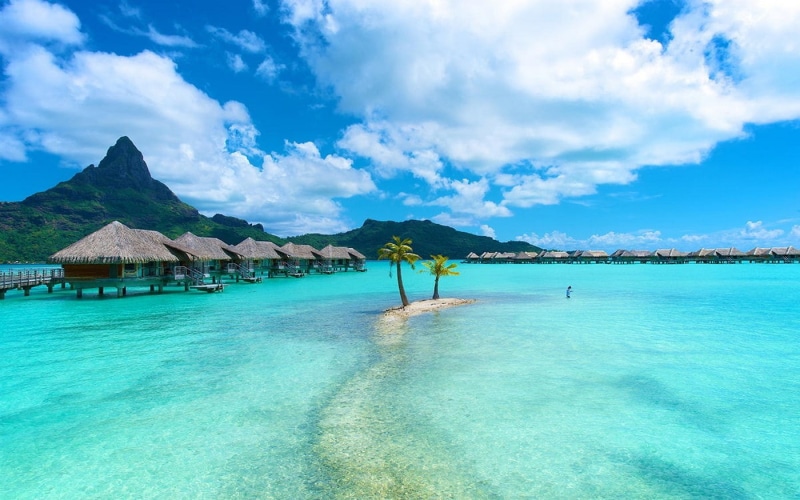 nature, sea, Bora Bora, water, clouds, resort, tropical, landscape, mountains, bungalow, palm trees, turquoise, beach, island, 720P, summer, vacation