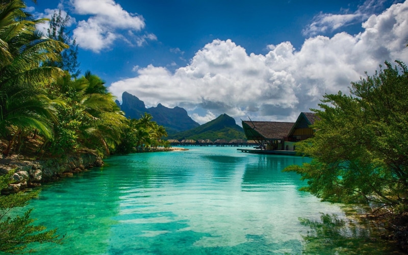 summer, nature, island, French Polynesia, mountains, landscape, water, tropical, 1080P, turquoise, clouds, palm trees, Bora Bora, vacation, resort, beach