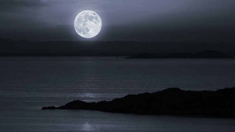 astronomy, coastline, 4K, calm, tranquility, tranquil scene, waterfront, nature, mountain, outdoors, space, full moon, moon, atmosphere, night, moonlight