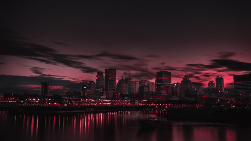 sunset, reflection, red sky, dusk, 4K, north america, architecture, evening, night, panorama, skyline, canada, pink sky, cityscape, city, skyscraper, montreal