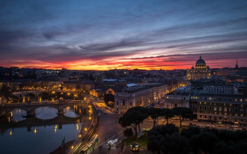 rome, houses, cities, night, sunset, city, buildings, 1080P, vatican, reflection, background, panorama, photo
