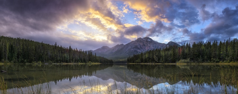 mountain range, no people, lake, Jasper National Park, plant, reflection, panoramas, reflection lake, formation, nature, forest, pine tree, pine woodland