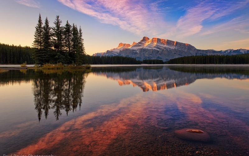 orange color, cloud - sky, tranquil scene, plant, waterfront, body, beauty in nature, scenics - nature, Banff National Park, reflection, 1080P, tranquility