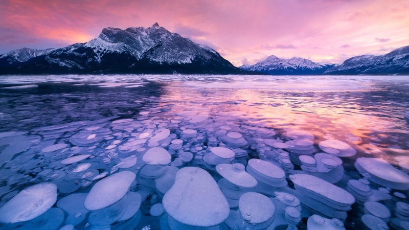tranquil scene, purple, nature, 1080P, landscape, frozen bubbles, clearwater county, national park, alberta, environment, sky, canada, bubbles, banff national park