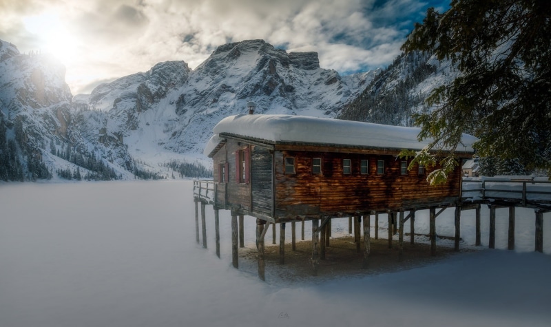 winter, mountains, snow, cabin, ice, lake, 1080P, frozen lake, nature