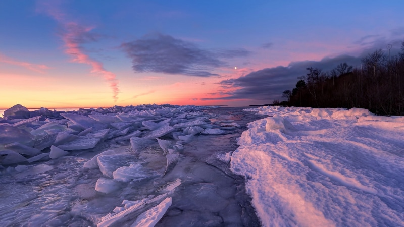 ice, non-urban scene, winter, rock, horizon, frozen, clouds, sky, orange color, Moon, forest, water, landscape, snow, gray, tranquility, ground, scenics - nature