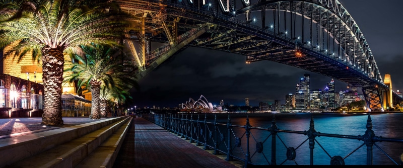 tree, cityscape, outdoors, architecture, water, connection, building exterior, bridge, motion, link, Sydney, city, body, skyline, nature, illuminated, railing