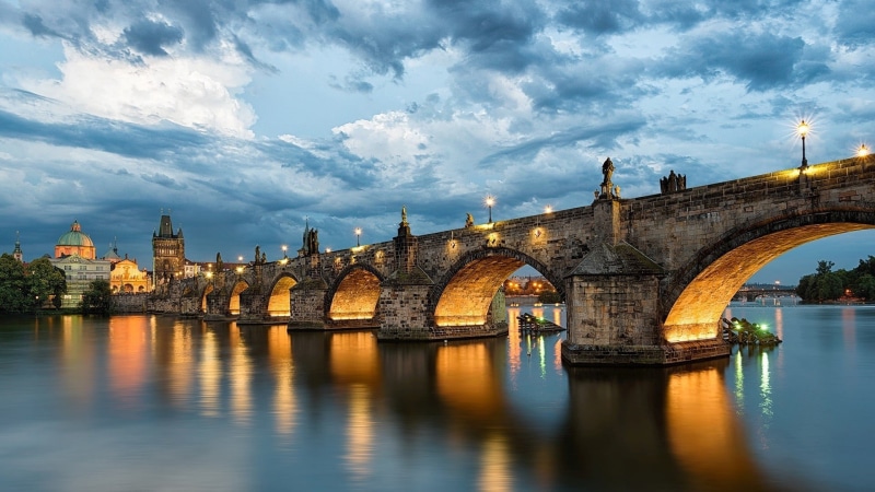 evening, church, no people, water, tower, trees, czech, bridge - man made structure, cityscape, cloud - sky, bridge, clouds, the past, nature, Charles Bridge