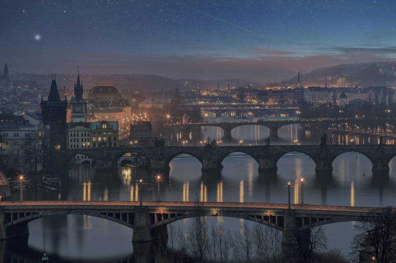no people, illuminated, travel destinations, nature, building exterior, gray, sky, river, connection, 1080P, Prague, Charles Bridge, water, architecture