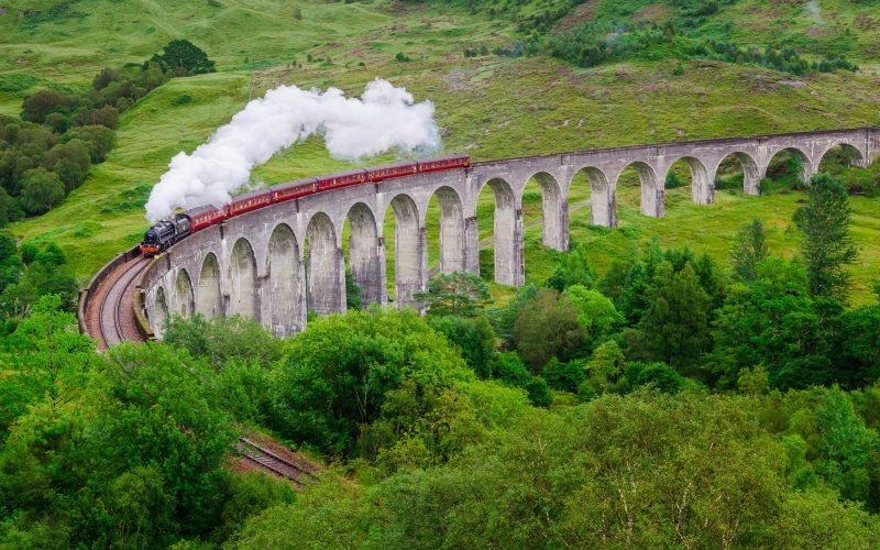 transportation, bridge, viaduct, arch bridge, public transportation, glenfinnan, connection, motion, inverness, steam train, smoke - physical structure