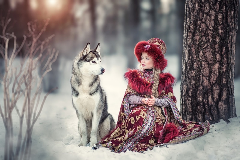 1080P, traditional clothing, winter, women, Alaskan Malamute, animals, women outdoors, braids, dog, blonde, wolf