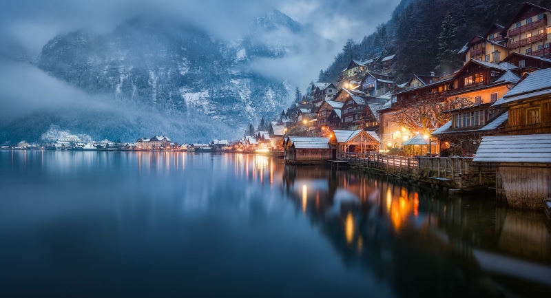 Reflection, Winter, 1080P, Towns, Fog, Evening, Mountain, Lake, Austria, House, Hallstatt