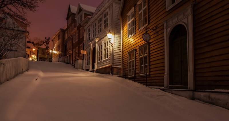 snow, lights, nature, street, night, landscape, 1080P, town, Norway, hills, fence, winter, house, trees