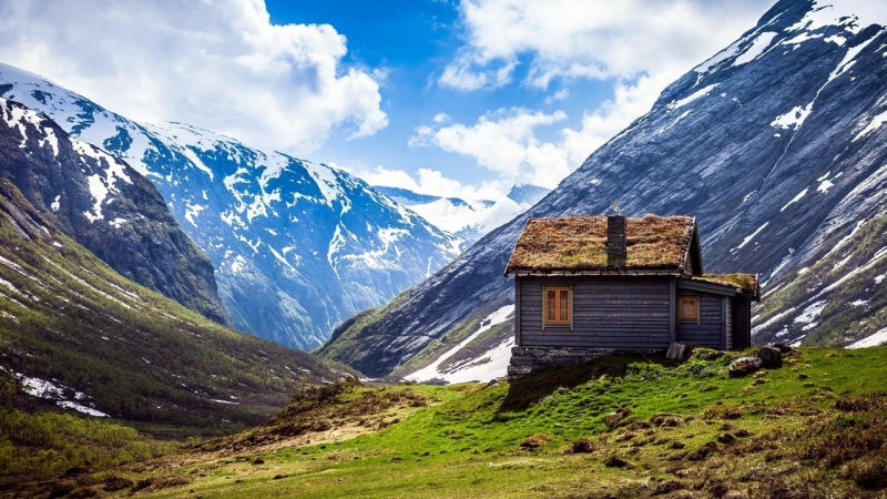 built structure, no people, cloud - sky, snow, gray, 1080P, hills, scenics - nature, snowcapped mountain, building exterior, landscape, outdoors, grass