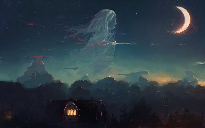 night, clouds, building exterior, animal, ghost, animals in the wild, illuminated, artwork, fantasy art, house, nature, marine, animal themes, no people