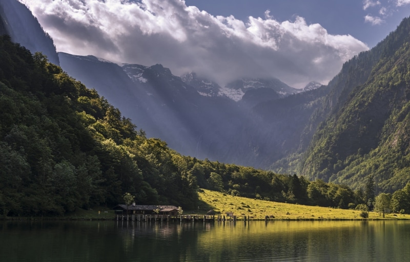 tranquil scene, idyllic, waterfront, scenics - nature, green, cloud - sky, summer, water, mountains, mountain range, clouds, body, snowy peak, lake, tree