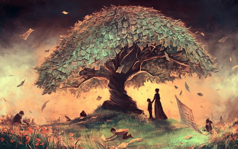 trees, children, fantasy art, digital art, nature, painting, 1080P, reading, people, paper, flowers, sheet, grass, artwork, women, AquaSixio, silhouette