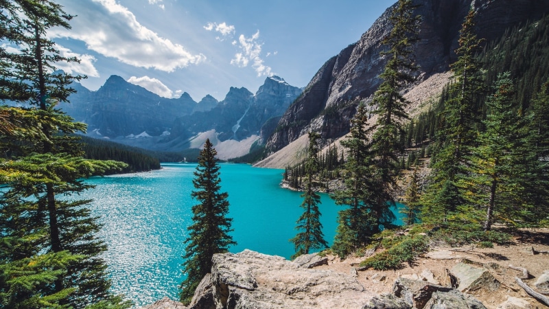 trees, mountain, formation, land, sky, 2K, idyllic, solid, no people, tree, forest, tranquil scene, water, turquoise colored, beauty in nature, mountains