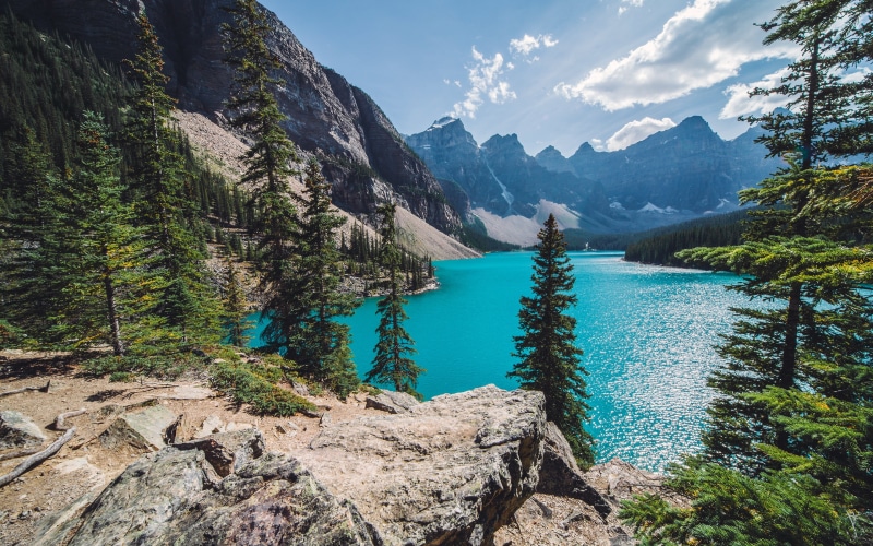 Canada, blue, lake, 2K, mountain, moraine, forest, Banff, Moraine Lake