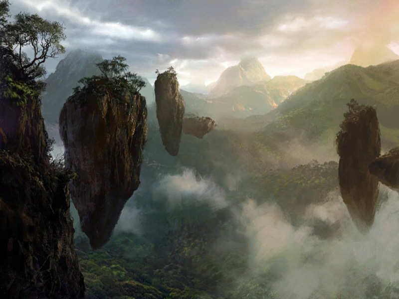 mountain range, no people, floating island, nature, fog, rock, rock - object, beauty in nature, daytime, sky, plant, mountains, pine tree, tranquility