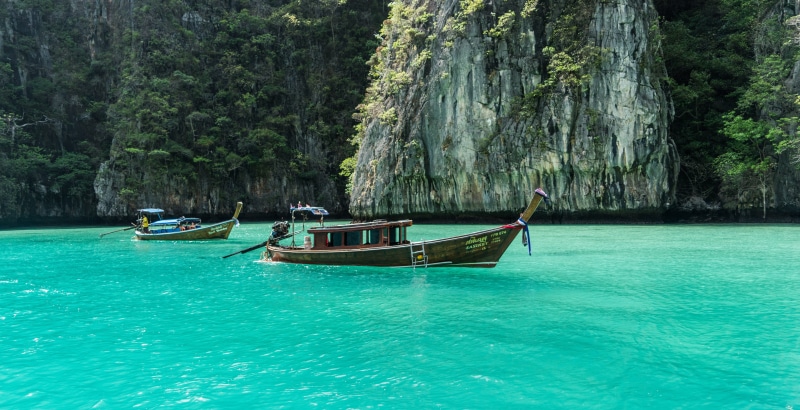 near, destination, sea, brown, coastline, tropical, koh phi phi, blue, vacation, island, water, colorful boats, idyllic, beauty in nature, rocky, turquoise colored