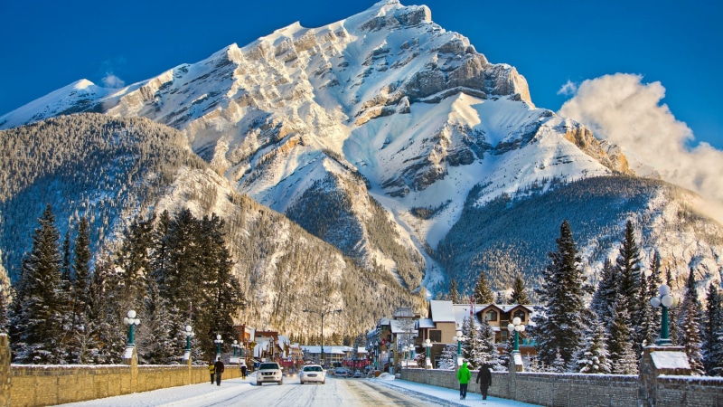 banff national park, street, street view, building exterior, mountain, town, 4K, blue sky, canada, alberta, mountain peak, mountain range, built structure